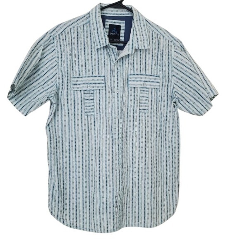 Prana Organic Cotton Button Up Hiking Outdoors Shirt Short Sleeve Blue Striped L